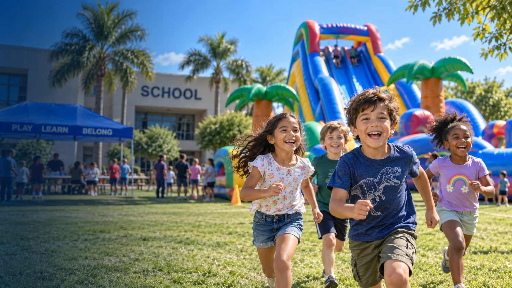 Children enjoying a school event with a colorful inflatable slide